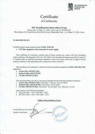 Certificate of Conformity filters SIG RAD 2022 09 26 2